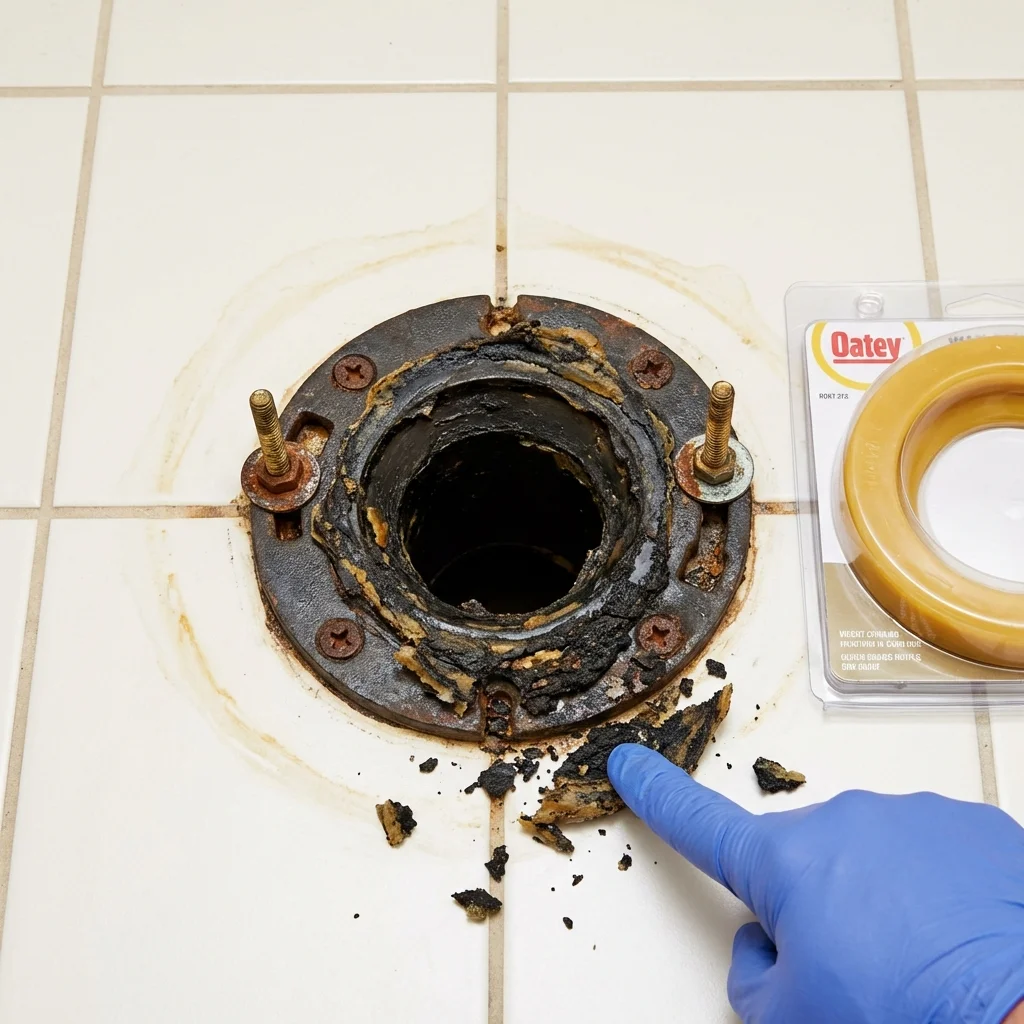 Failed wax ring showing water seepage at the base of a toilet in a Roanoke, TX home
